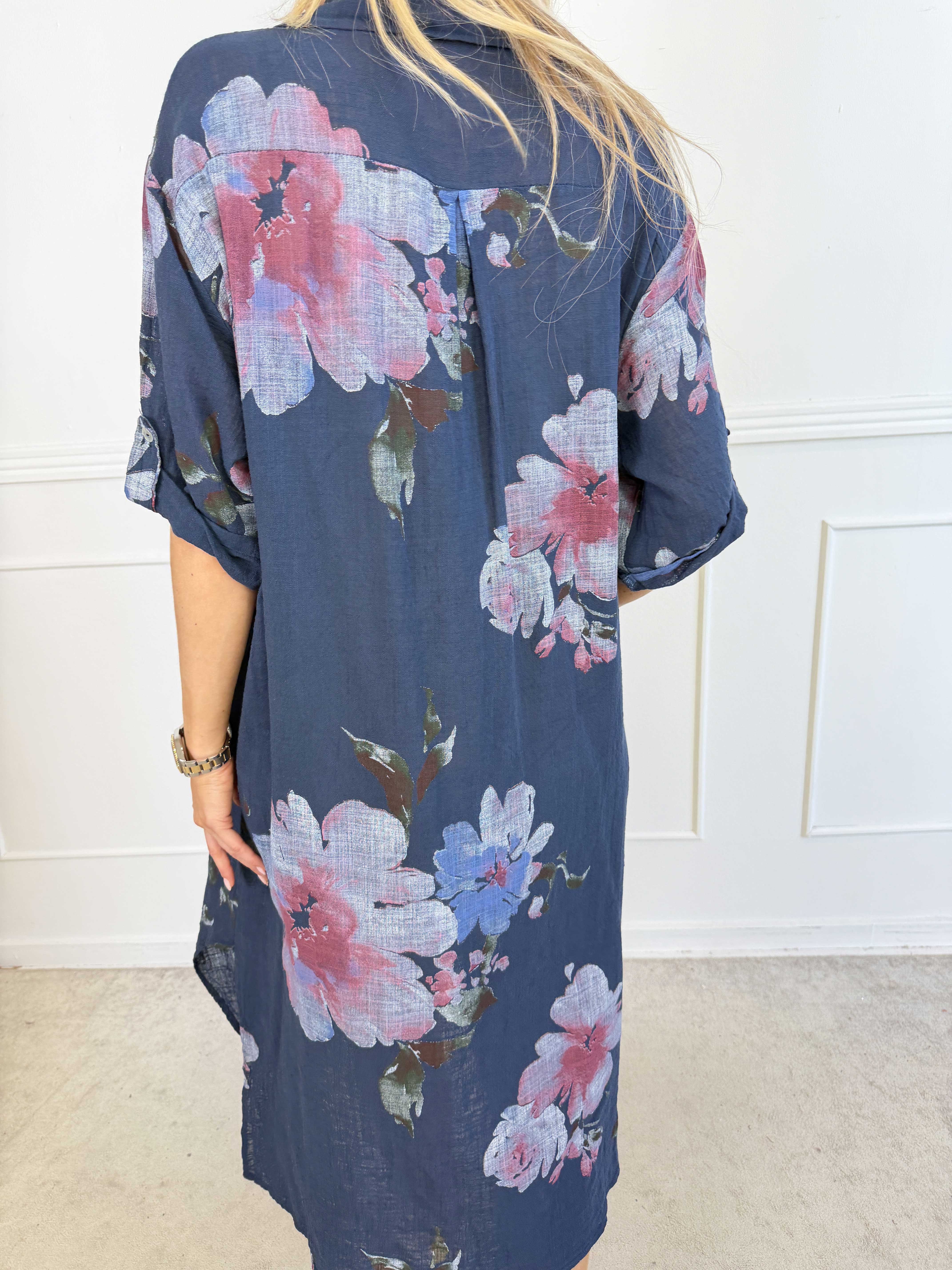 Maissa - Lang skjortekjole i bomuld med blomsterprint